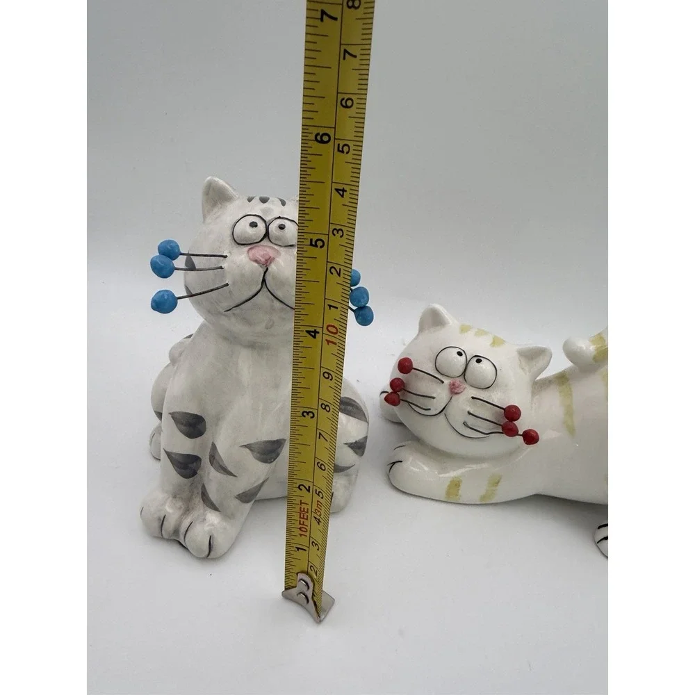 Nanucket Whimsical Ceramic Cat Figurines Pair Gray & Cream Beaded Whiskers 6